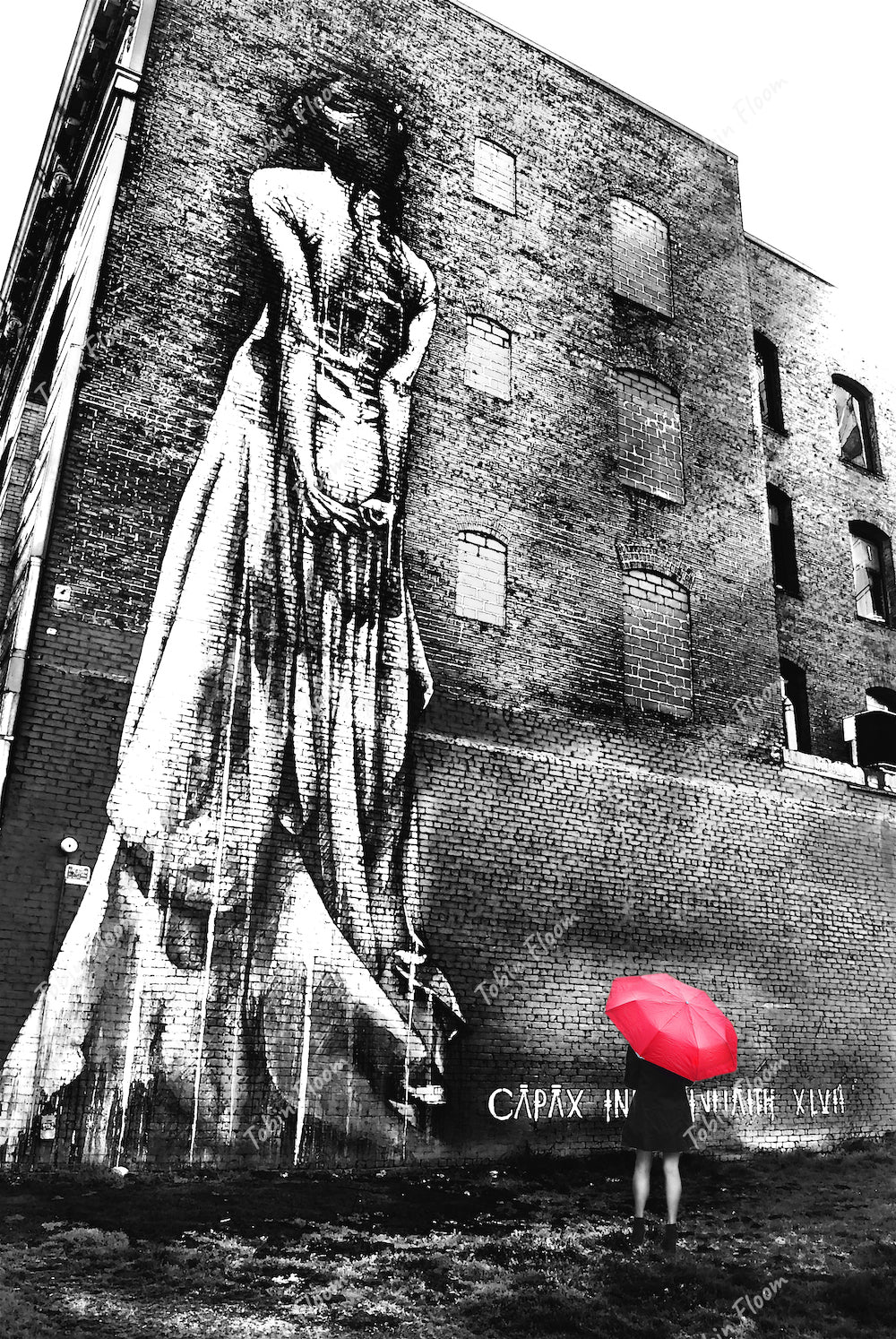 Lady Mural red umbrella B&W