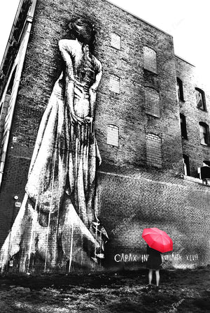 Lady Mural red umbrella B&W